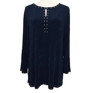 Chico's Travelers Navy Blue Slinky Knit 3/4 Sleeve Studded Tunic Classic